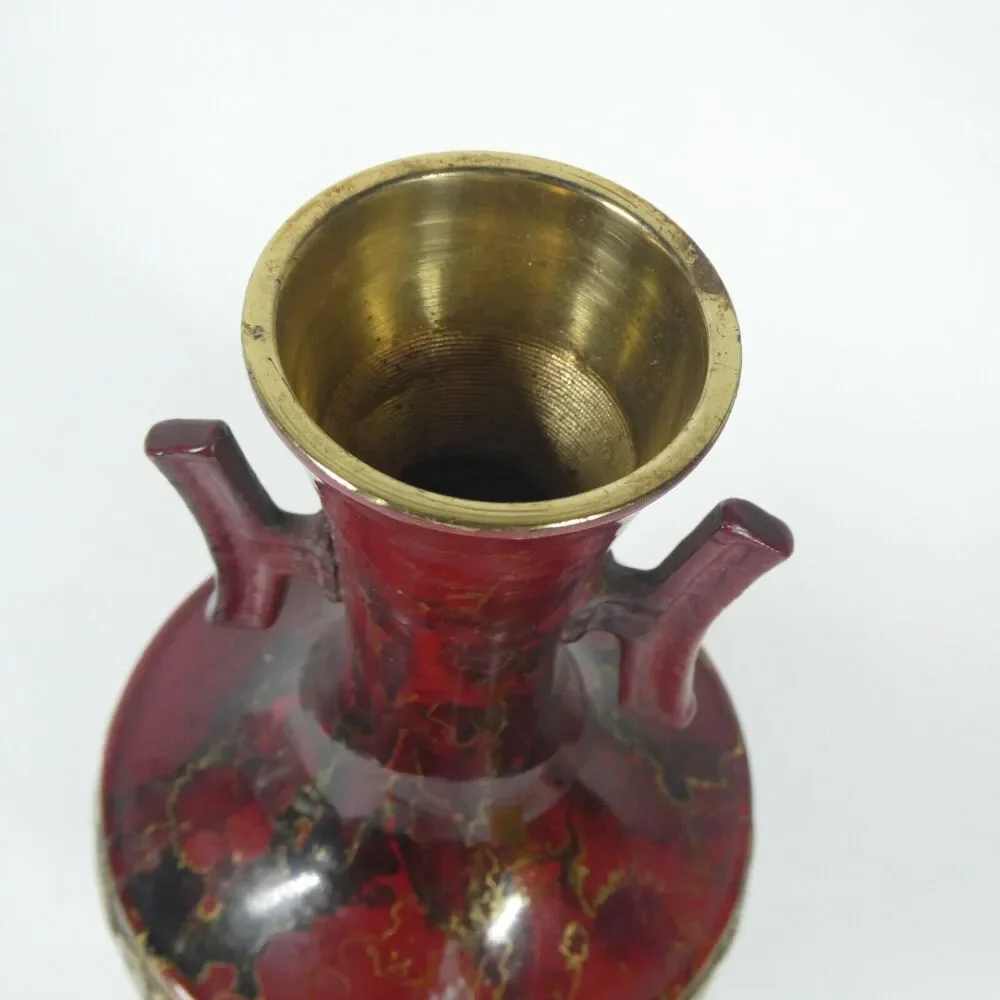 Brass Vase Red Marbled Enamel Vintage 6.5